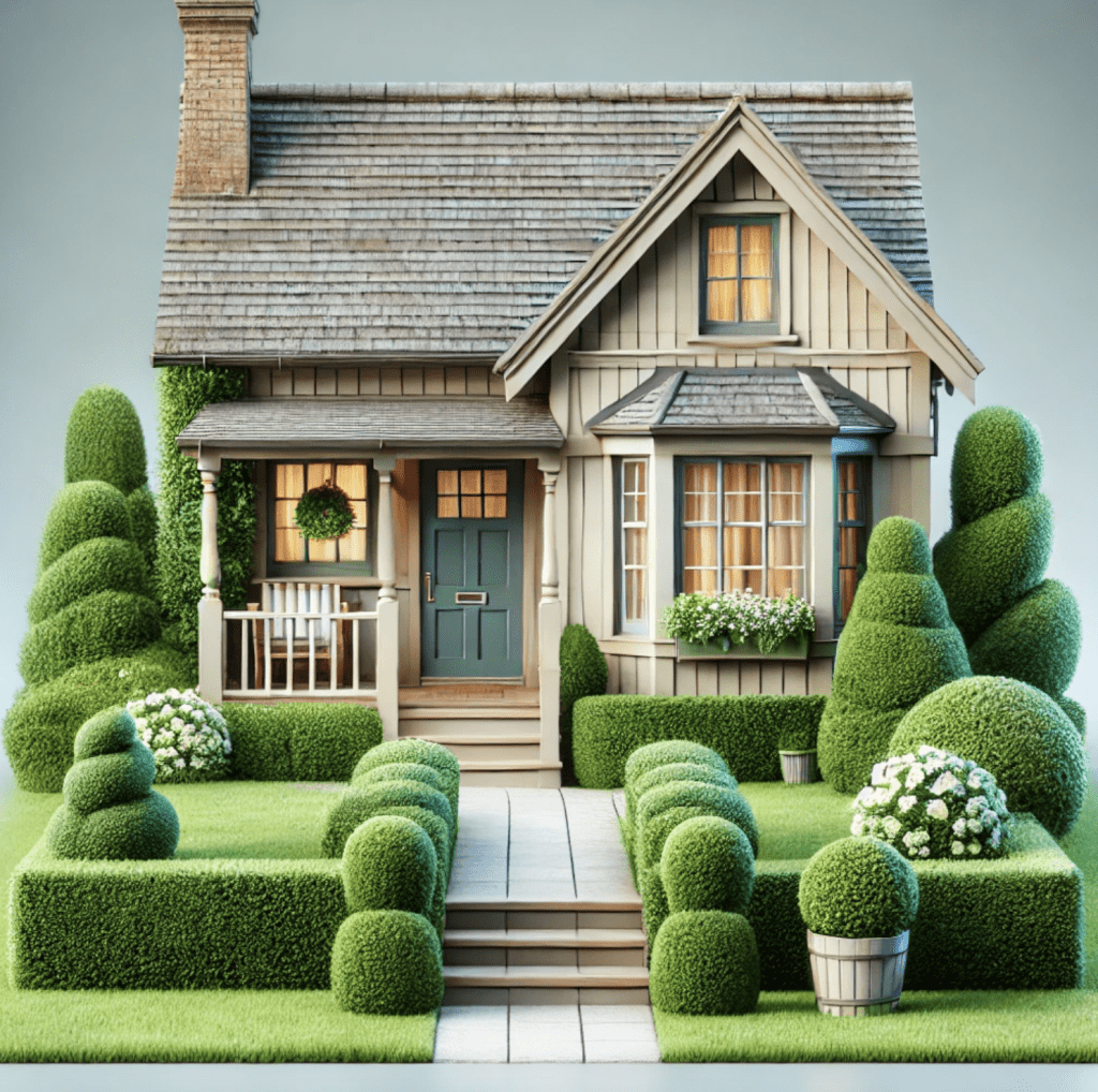 A cozy, well-maintained home with neatly trimmed hedges, a manicured lawn, and a welcoming front porch adorned with potted plants, conveying a sense of security and readiness for extended travel.